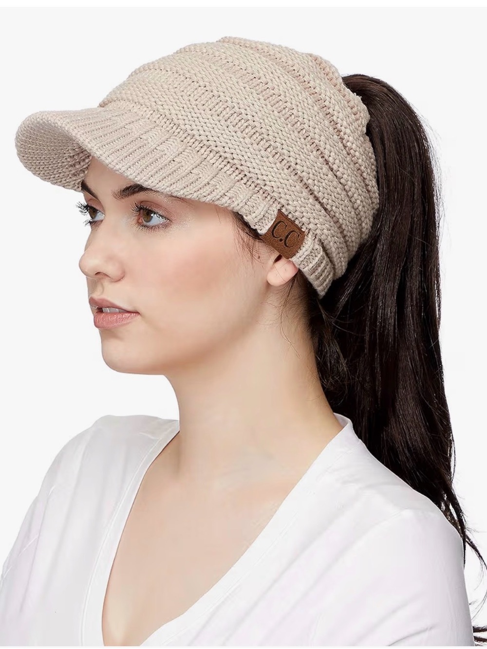C.C Knit Visor Cap with Ponytail Opening - Taupe